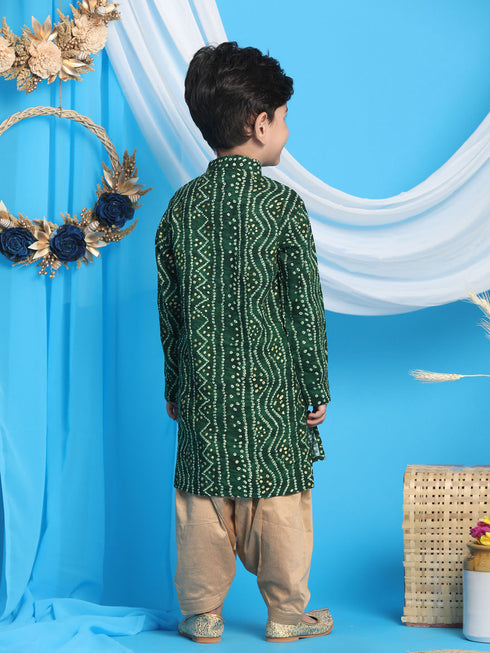 Boy's' Green Bandhni Print Kurta And Rose Gold Patiyala Set